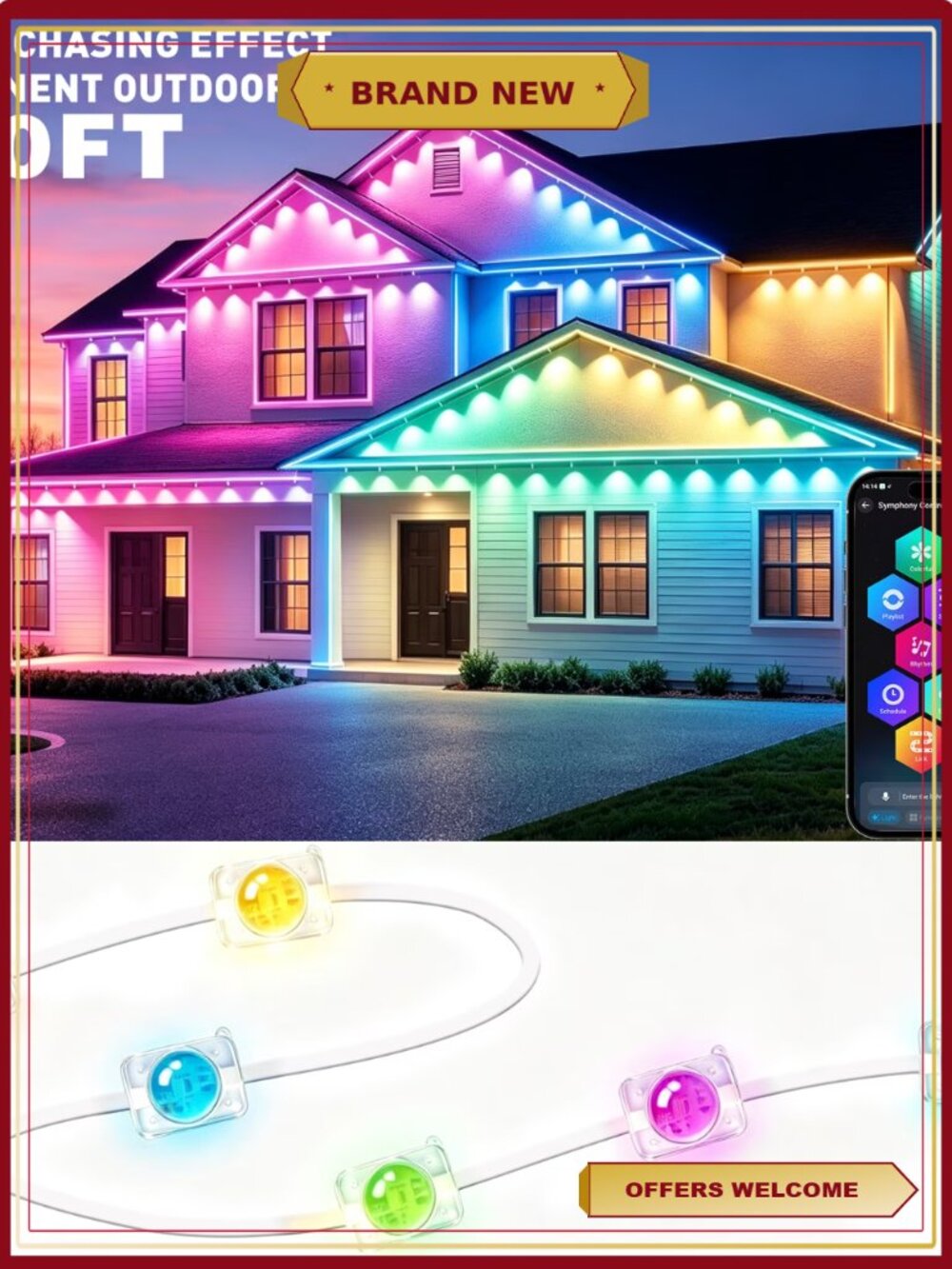 300ft Waterproof Permanent Outdoor RGB IC Lights String Gradient Square Eave